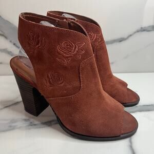 Lucky Brand Womens Rust Brown Leather Listana Bootie Sz 9 Festival Boho Peep-Toe